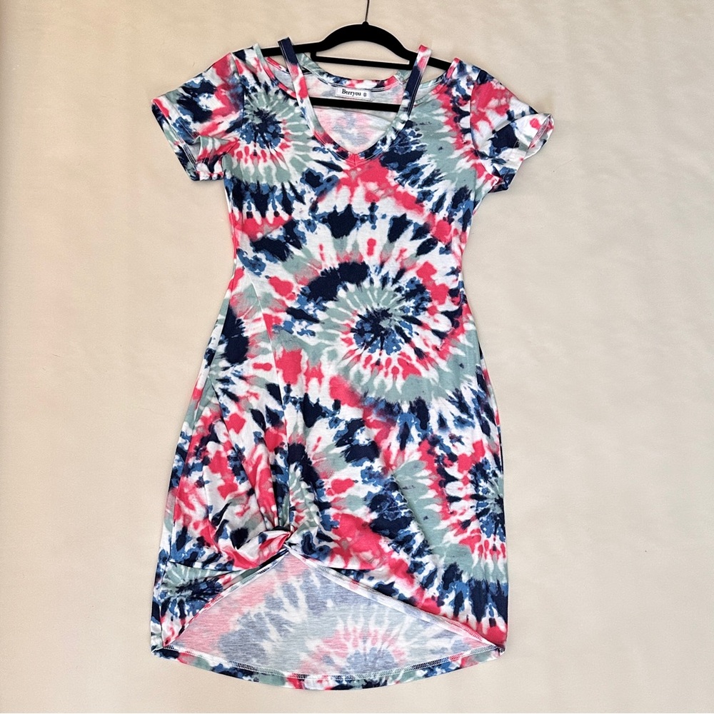 Tie-dye dress/cover-up with peekaboo shoulder and  knotted bottom hem